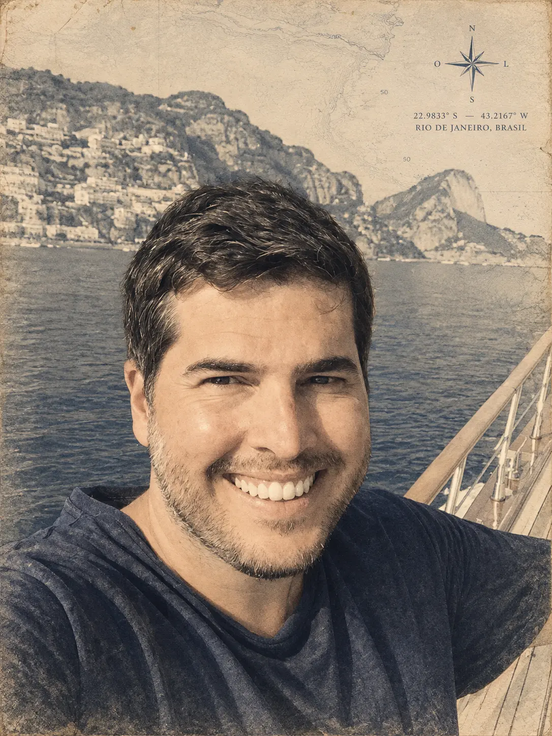 Retrato de André Albuquerque, fundador da Harbor Insights, sobre fundo marítimo do Rio de Janeiro